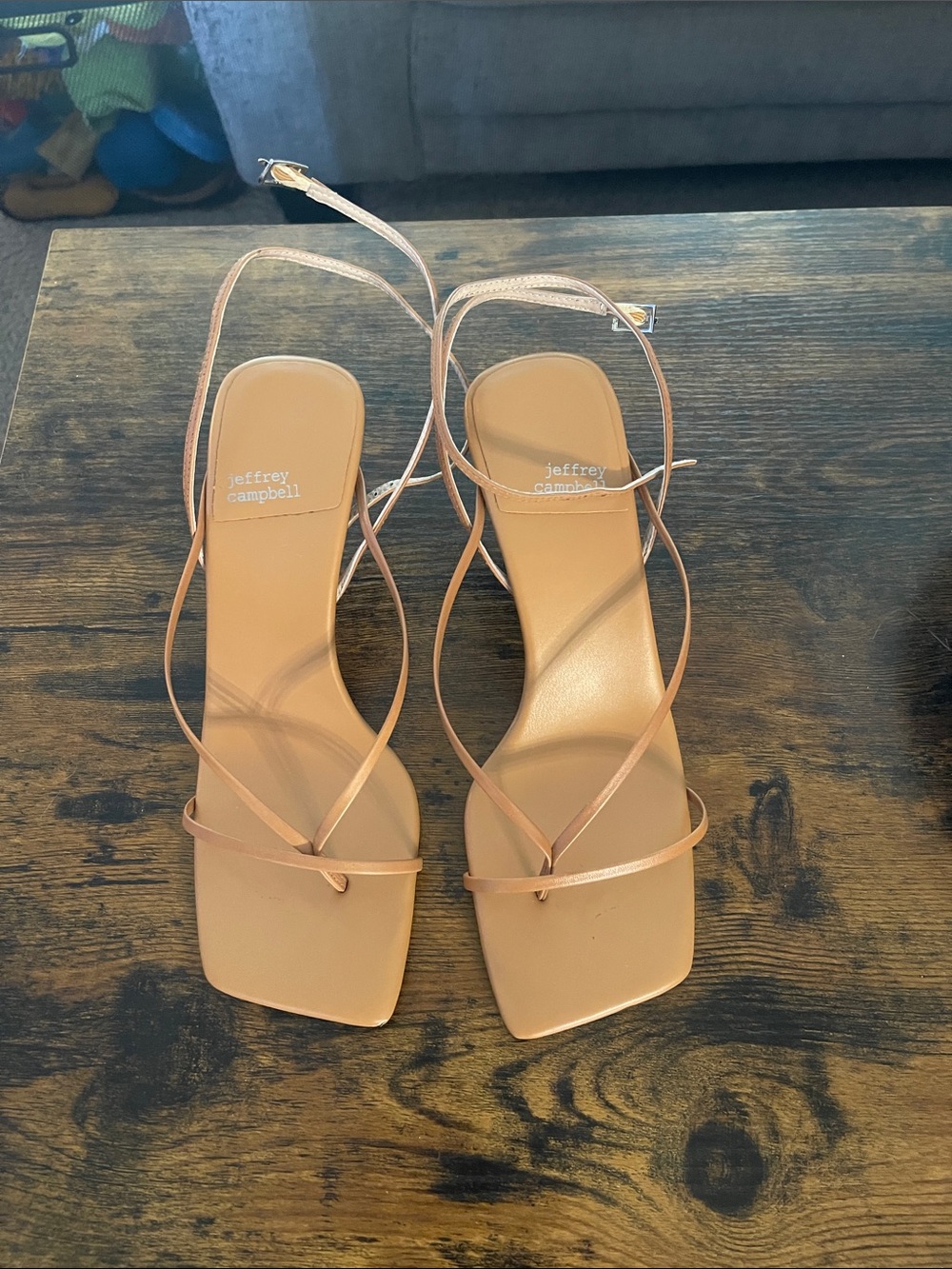 Jeffrey Campbell Nude/Tan Strappy Square-Toe Heels